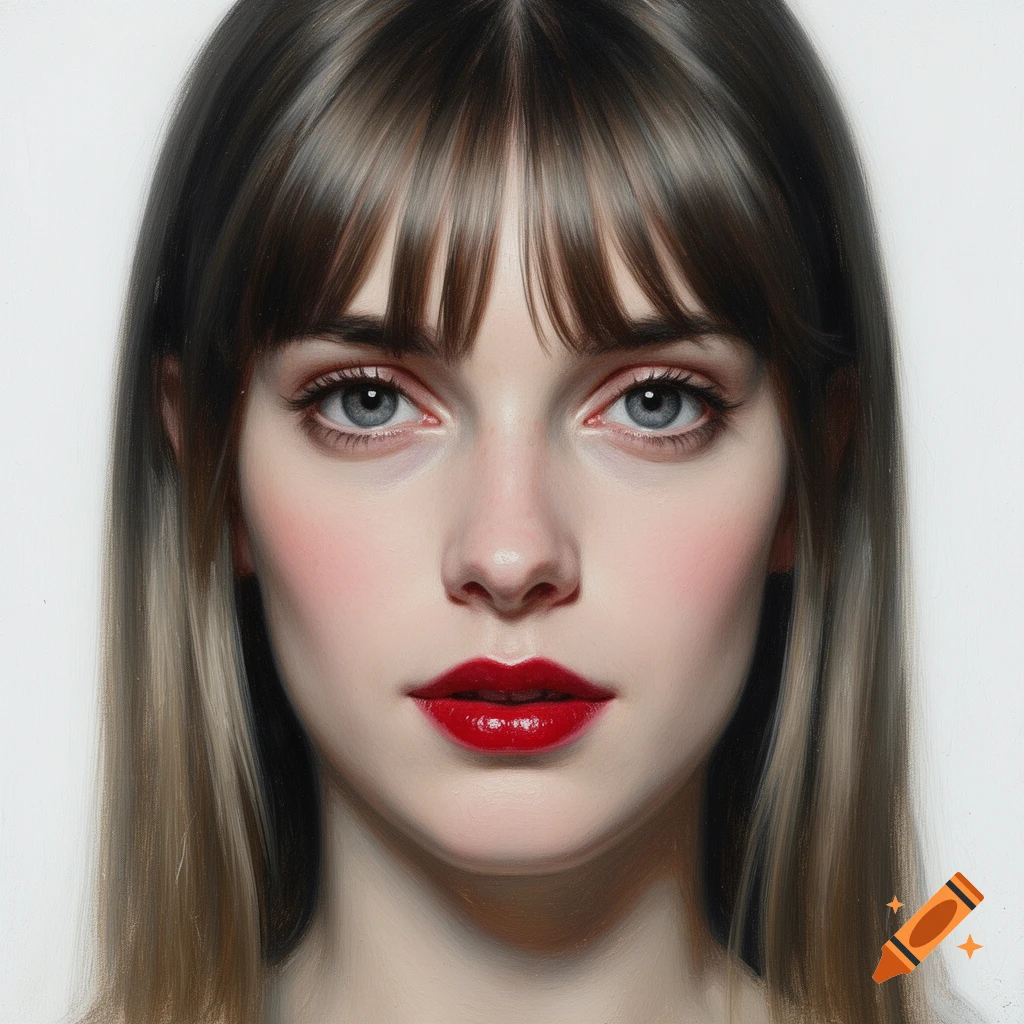 Oil painting portrait of a young woman with long brown hair, bangs, blue eyes, and red lips, looking directly forward against a white background.