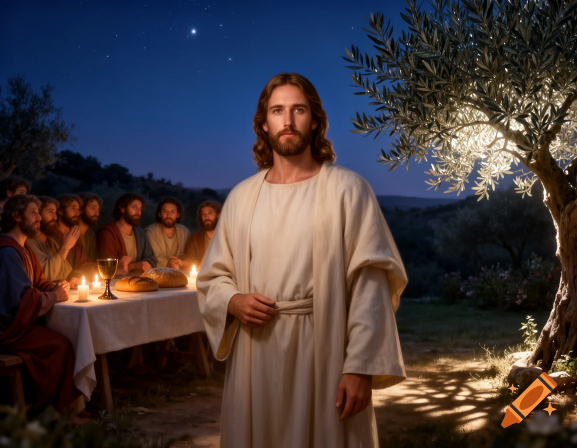 Jesus stands prominently under a starry night sky, with disciples seated at a candlelit table, and an illuminated olive tree to the right.
