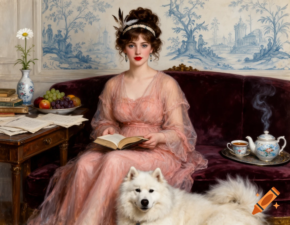 An oil painting of a woman in a pink dress reading a book on a burgundy sofa, with a white Samoyed dog at her feet. A table holds fruit, books, and a vase, while a tea set steams on a tray.