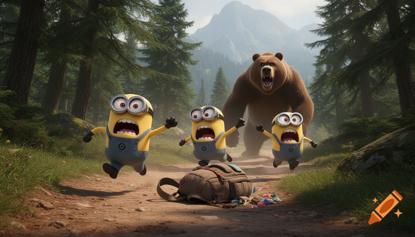 Three panicked Minions run on a forest trail as a large cartoon bear chases them, a backpack lies on the ground, in 3D animation style.