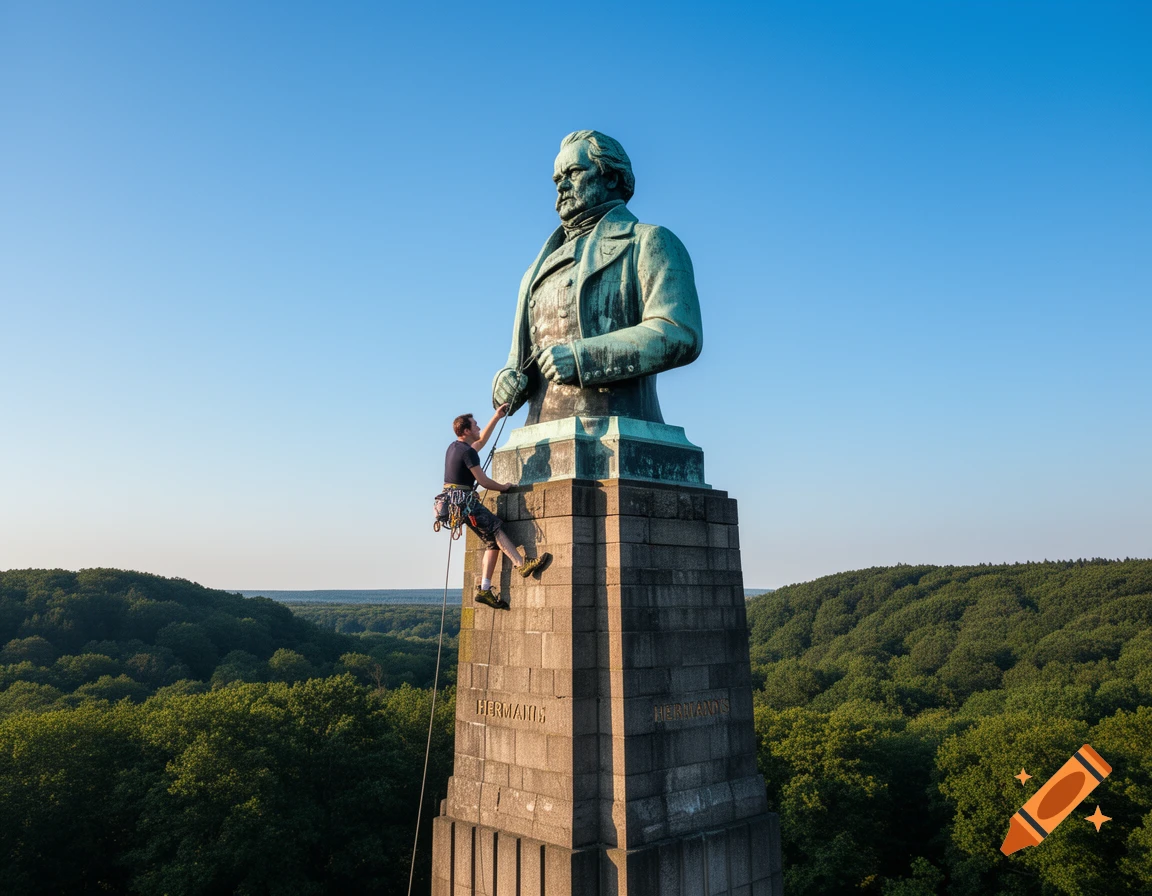 A person rappels down the side of a massive bronze statue of a man on a stone pedestal, set against a clear blue sky and green forest.