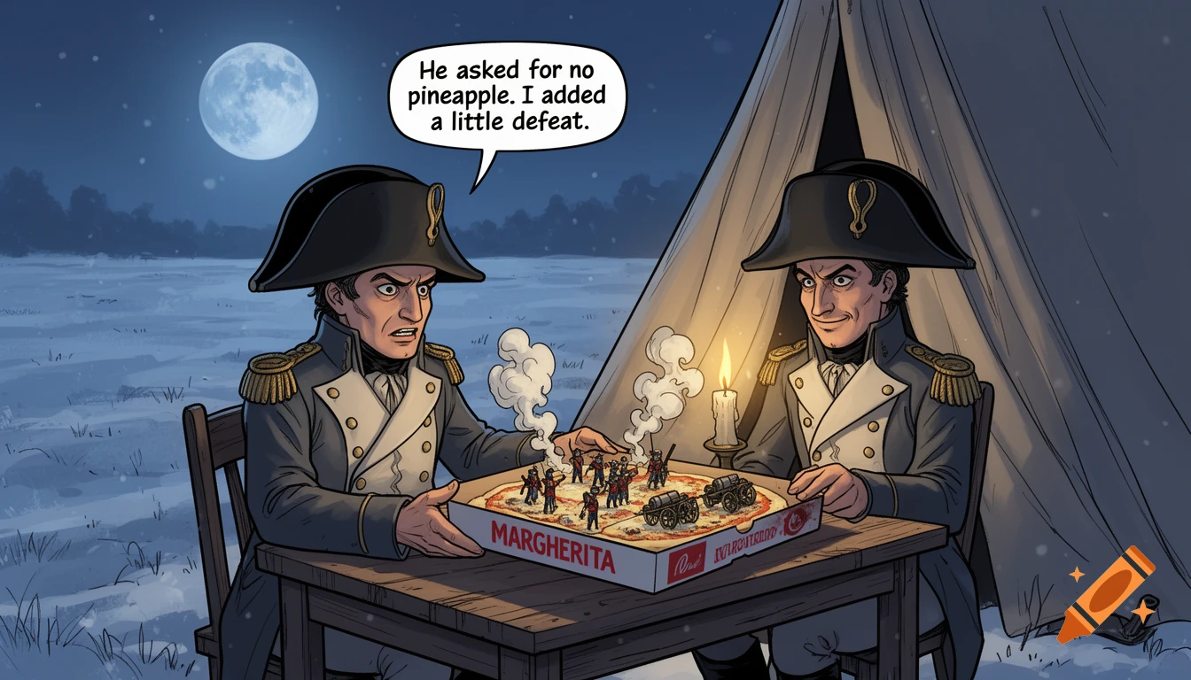 Two Napoleonic officers in a snowy tent. One holds a pizza with a battle diorama, while the other smirks, saying, 'I added a little defeat.'