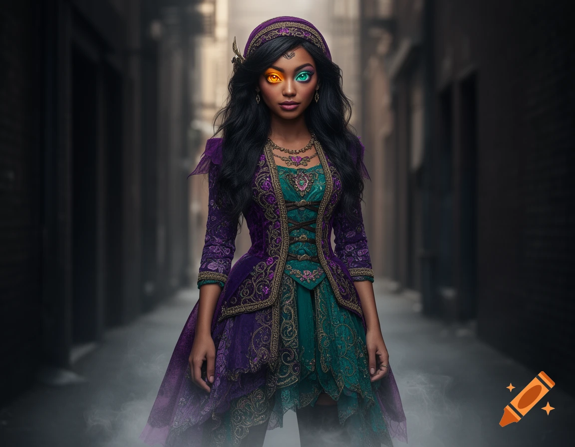 Photorealistic fantasy portrait of a dark-skinned woman in an ornate purple and teal costume with mismatched orange and green eyes, standing in a misty, dark alley.