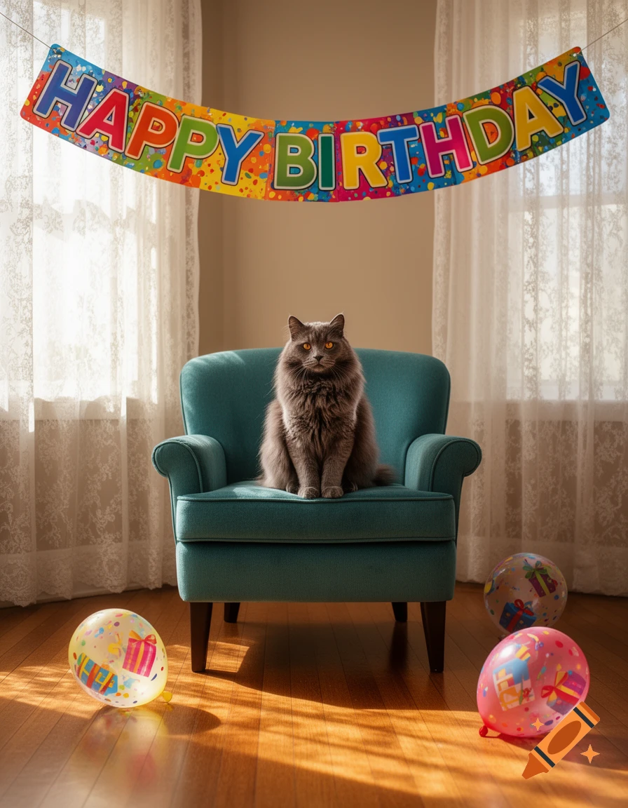 A fluffy gray cat sits on a teal armchair under a colorful 'HAPPY BIRTHDAY' banner, with balloons on a sunlit wooden floor.