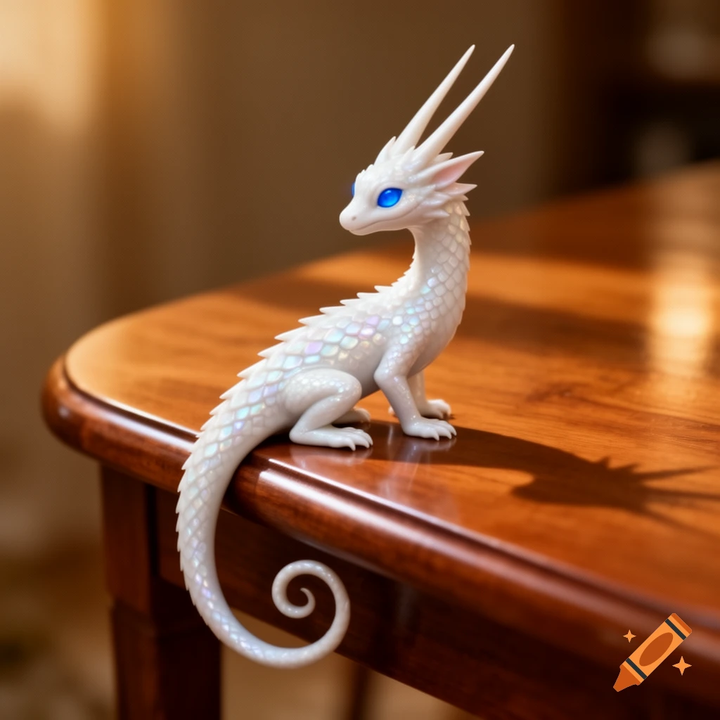 A small white dragon figurine with blue eyes and long horns sits on a polished wooden table.