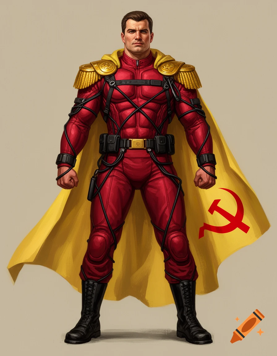 A full-body illustration of a Cold War super-soldier in a red kevlar suit with gold epaulettes, black tubing, and a yellow cape featuring a red hammer and sickle symbol. He stands heroically with a clean, detailed, propaganda-style aesthetic.