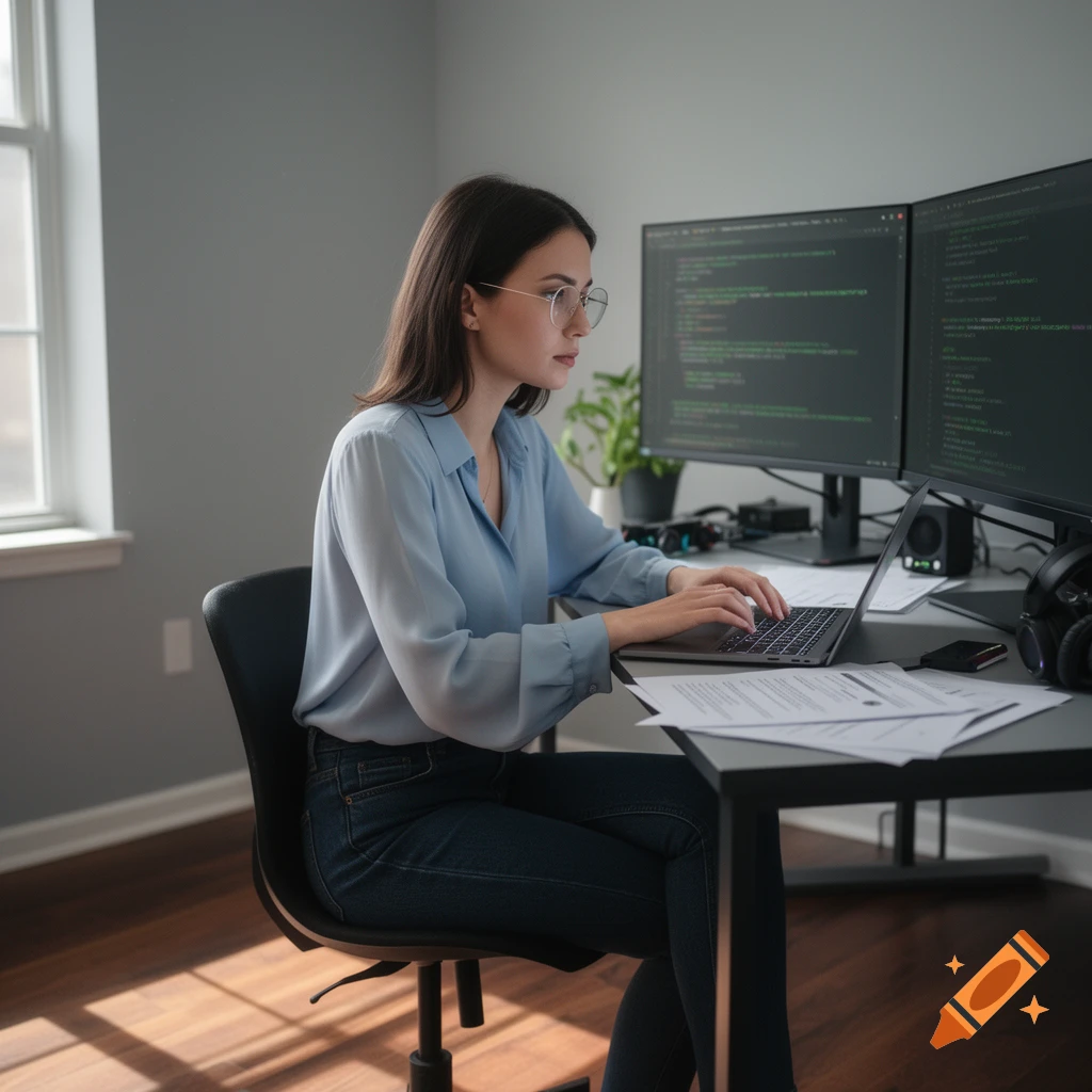 A female programmer in a light blue shirt and glasses types on a laptop at a desk with two large monitors displaying code.
