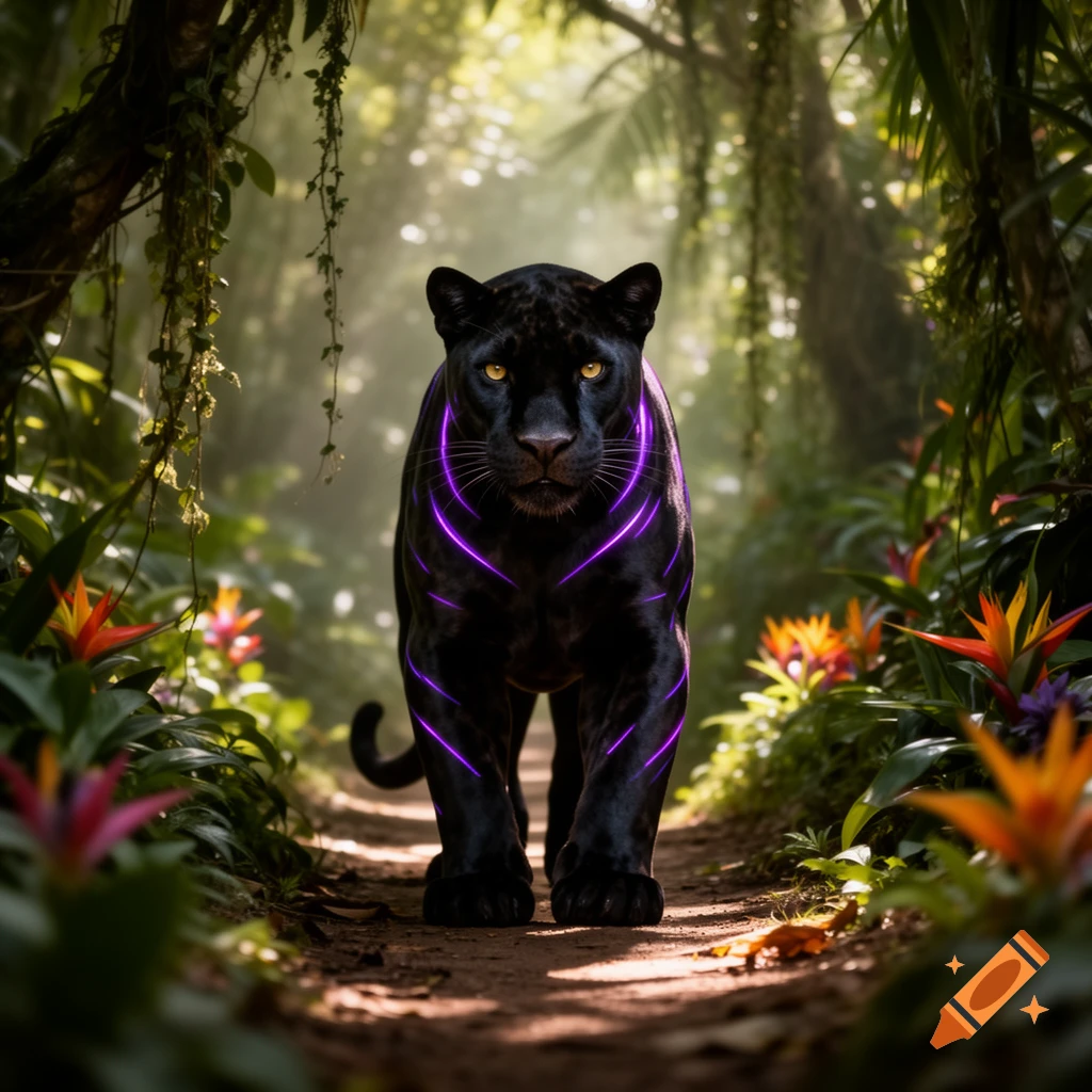 A sleek black panther with glowing purple stripes walks on a dirt path through a lush, vibrant jungle.