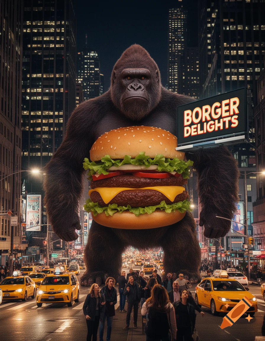 A giant gorilla stands in a bustling city street at night, holding a massive double cheeseburger. A billboard reads "BORGER DELIGHTS".