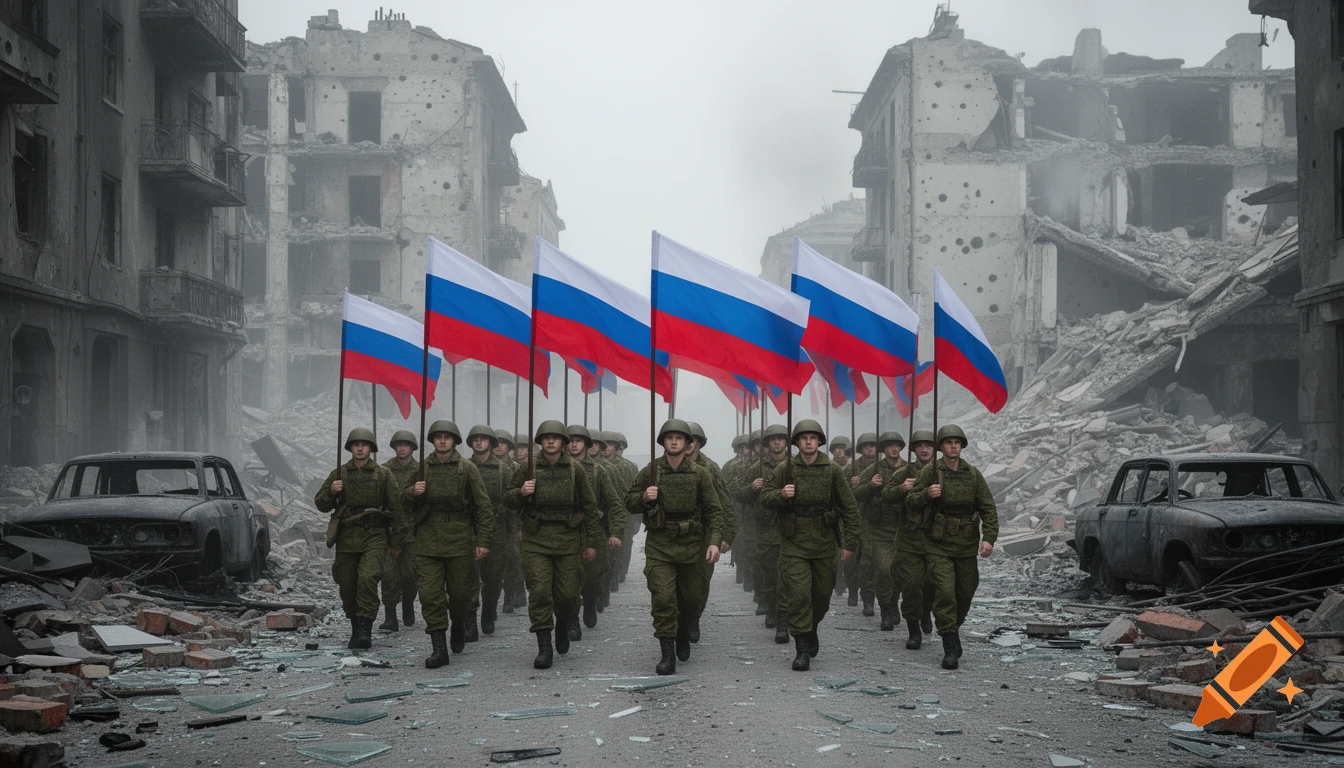 Russian soldiers in military uniform march with Russian flags through a heavily damaged, destroyed city, photorealistic style.