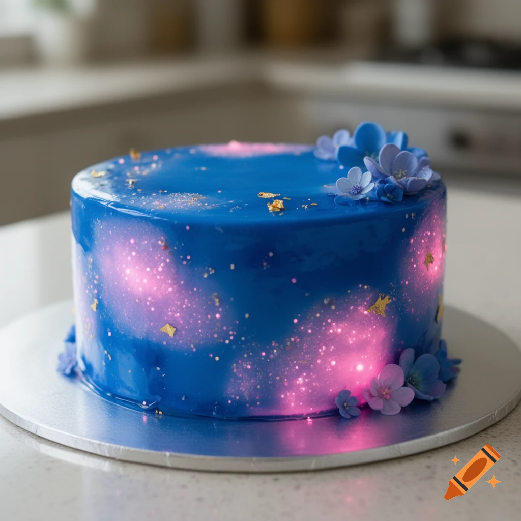A shiny blue cake with pink galaxy-like glowing patterns, gold flakes, and small blue and purple sugar flowers.