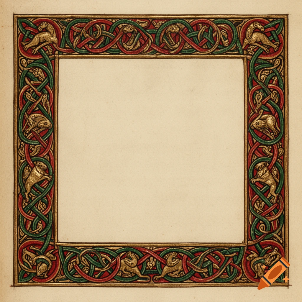 Intricate Anglo-Insular art border with red and green knotwork and gold animal figures around a blank center.