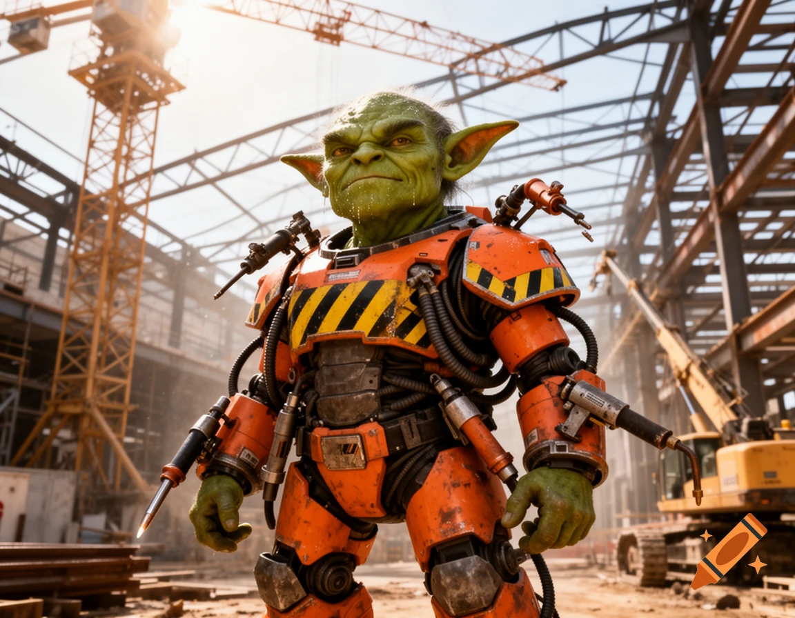 A green-skinned goblin in orange construction power armor stands at a dusty construction site with cranes and girders.