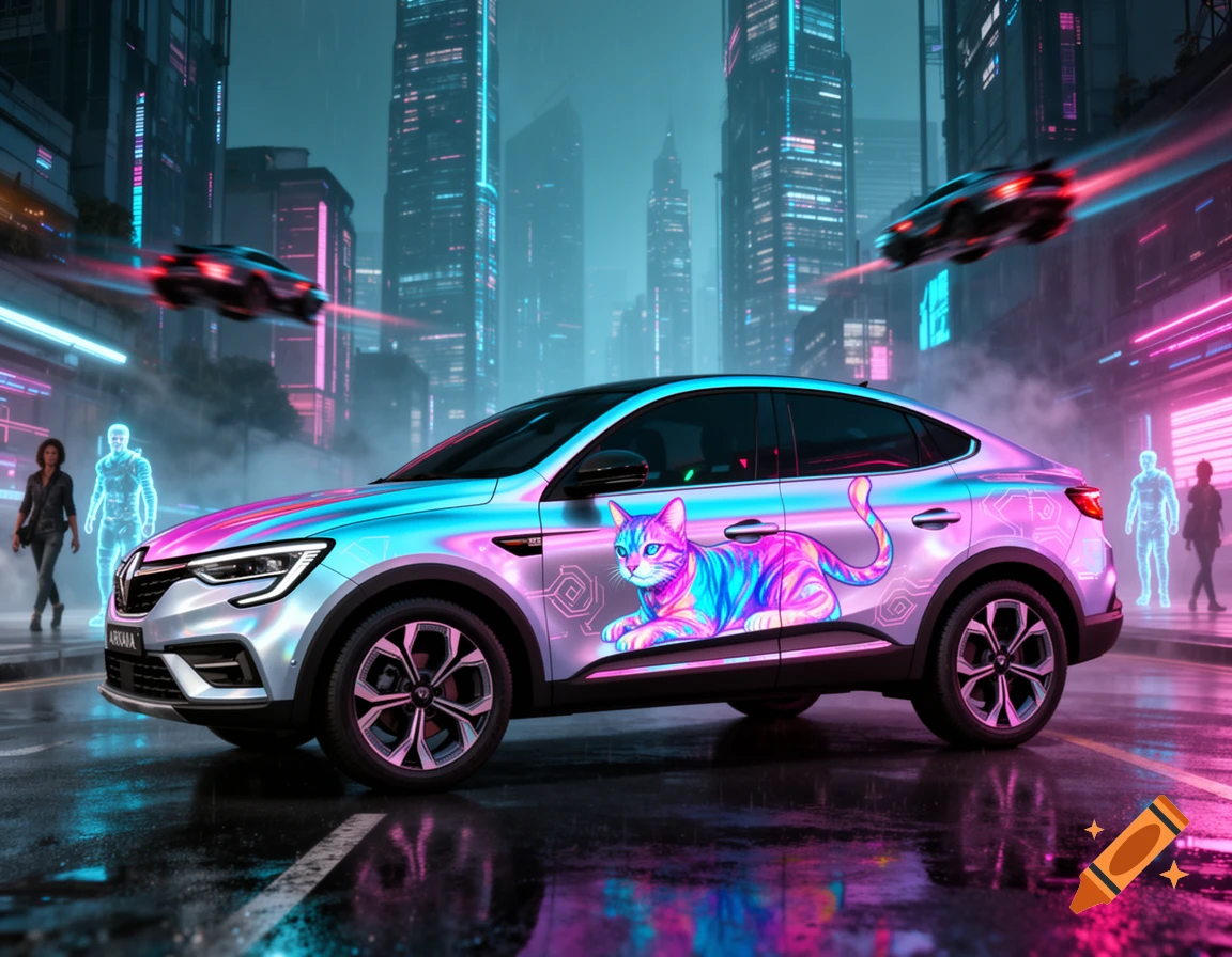 A silver Renault Arkana car with a vibrant neon cat decal on a wet street in a futuristic cyberpunk city with neon skyscrapers and flying cars.