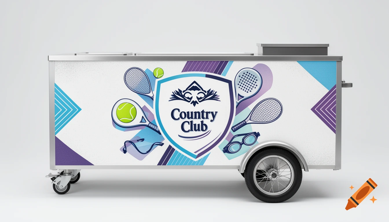 White ice cream cart with 'Country Club' logo, retro blue and purple sports graphics including rackets and goggles.