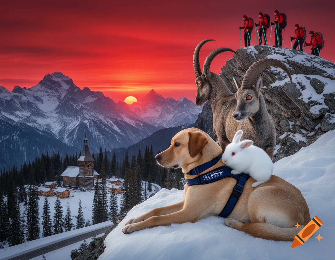 A golden retriever with a white rabbit on its back rests on a snowy cliff, overlooking a mountain village, an ibex, and red-clad hikers against a vibrant red sunset.