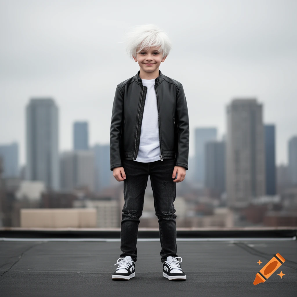 A young boy with white hair, wearing a black leather jacket and ripped jeans, stands smiling on a rooftop with a blurry city background.