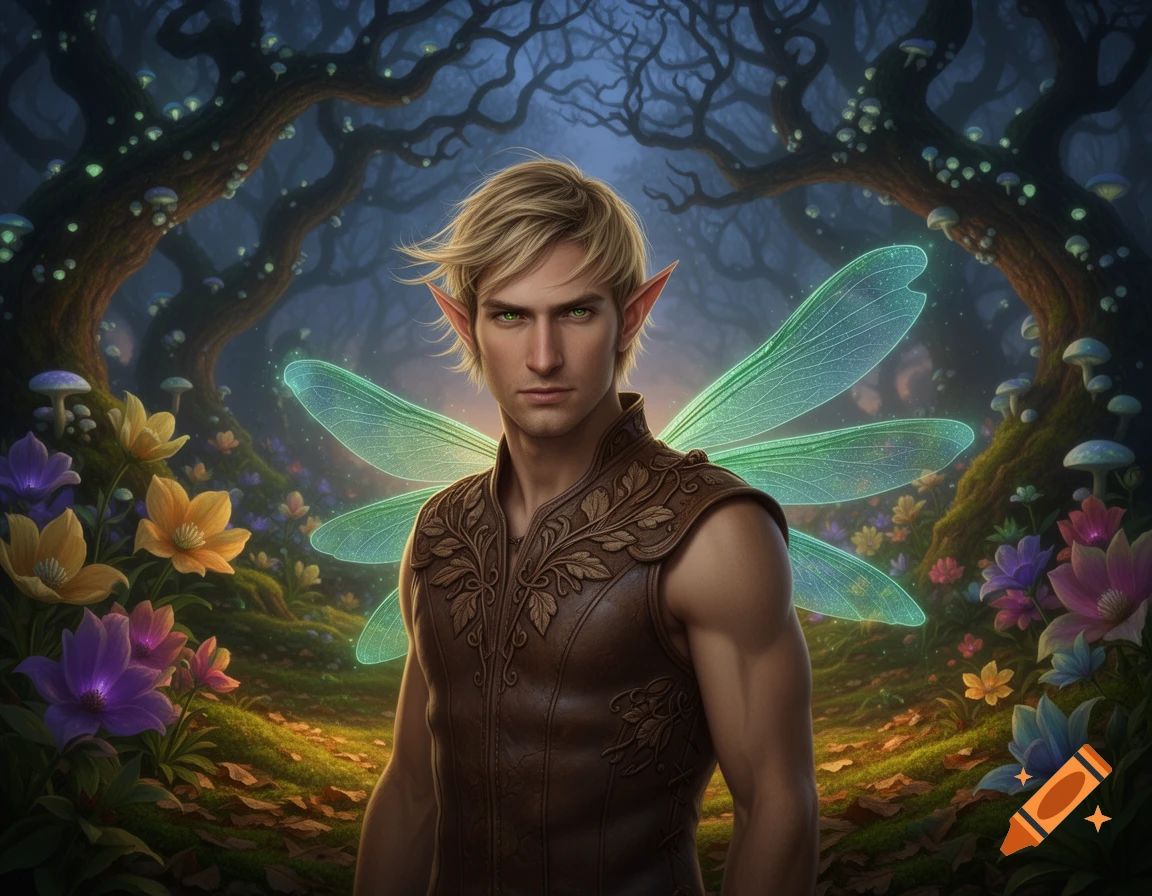 A male elf with blonde hair and glowing teal dragonfly wings, wearing a leather vest, stands in a magical forest.