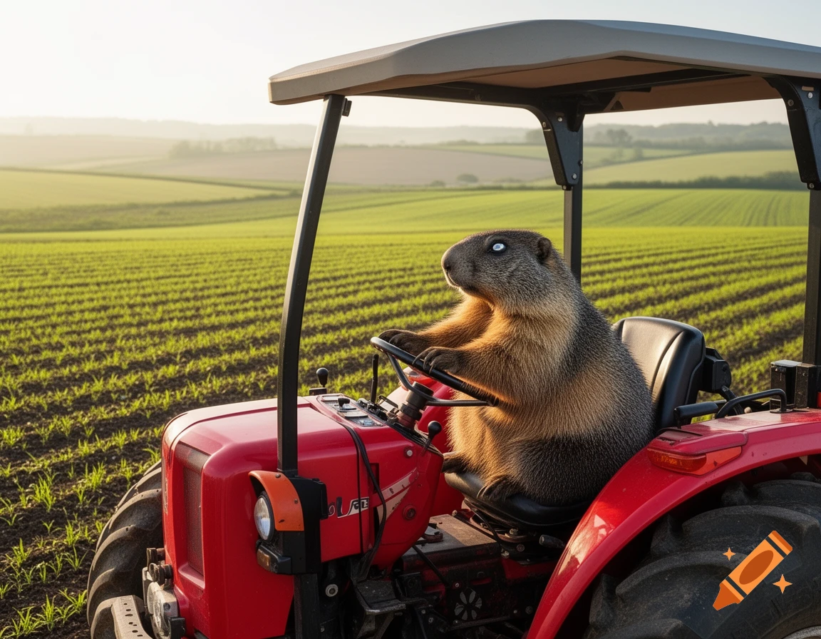 A furry marmot with bright blue eyes drives a red tractor through green, tilled fields under a bright, sunny sky.