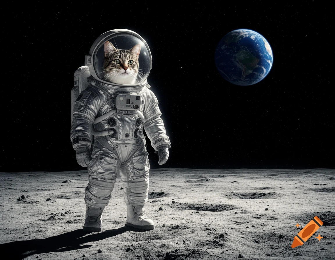 A photorealistic image of a tabby cat in an astronaut suit standing on the moon's surface with Earth visible in the background.