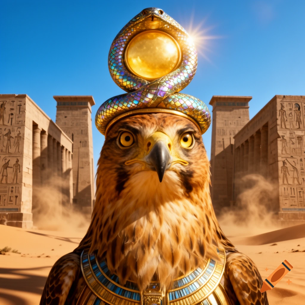 A majestic hawk-headed deity (Ra) with a golden cobra and sun disk crown stands in a desert with ancient Egyptian temples.