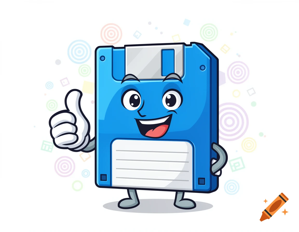 Cartoon blue floppy disk character smiling and giving a thumbs up.