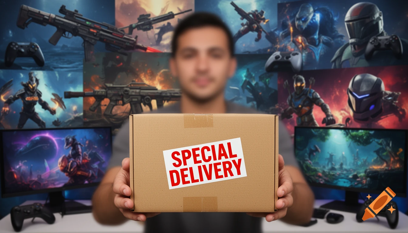 Person holding a 'SPECIAL DELIVERY' package in front of a blurred montage of video game characters, weapons, and controllers.
