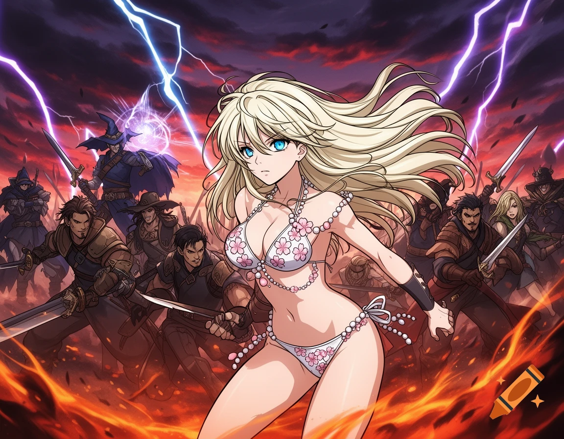 An anime female warrior in a floral bikini leads a group of fantasy warriors into battle as lightning strikes in the stormy sky.