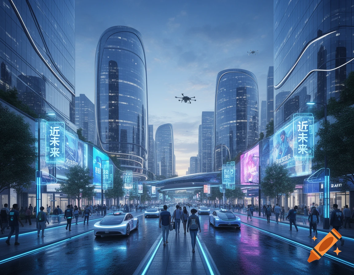 A vibrant, futuristic cityscape at dusk with glowing buildings, autonomous vehicles, pedestrians, and flying drones, reflecting neon lights on wet streets.