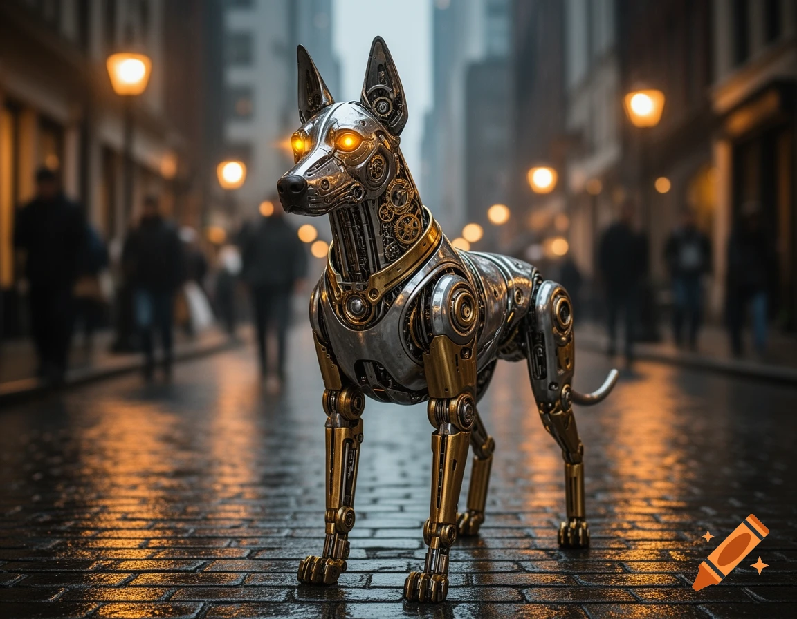 A detailed, photorealistic image of a metallic and gold clockwork guard dog with glowing orange eyes standing on a wet city street at dusk.
