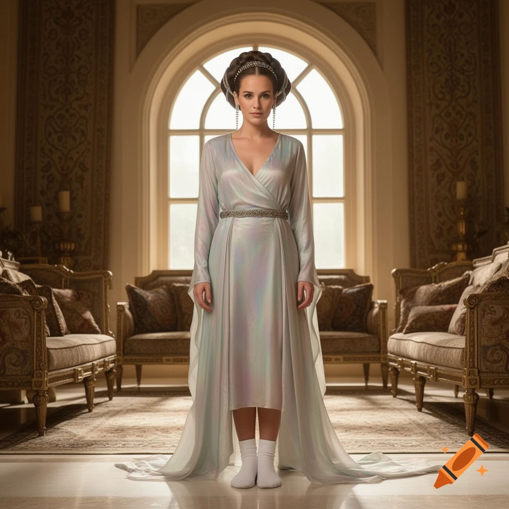 A woman in a shimmering iridescent dress and white socks stands in an opulent room with an arched window.