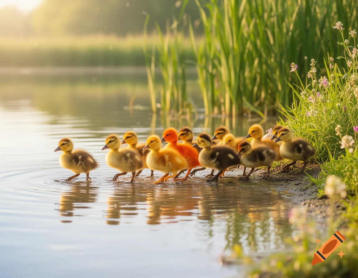 A line of colorful ducklings, some yellow and one orange, walk from a muddy bank into a calm pond with tall green grass and wildflowers under a warm, hazy sky.