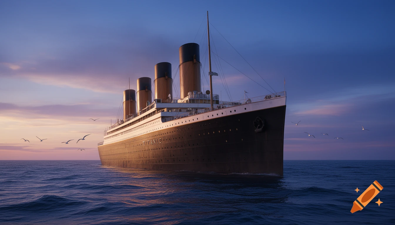 The Titanic ship sailing on a calm ocean under a twilight sky, with scattered seagulls.