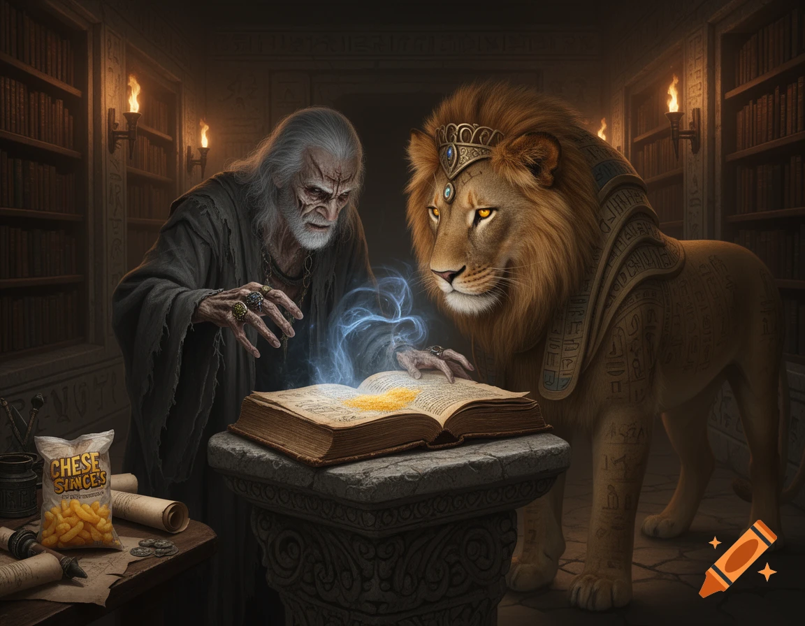 An ancient wizard and a crowned lion examine a magical glowing book in a dimly lit, ancient library, with a bag of cheese snacks on a nearby table.