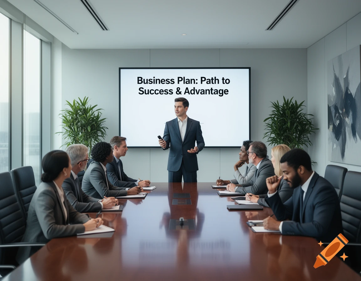 A man presents a "Business Plan" on a screen to a diverse group of colleagues in a modern boardroom. Photorealistic.
