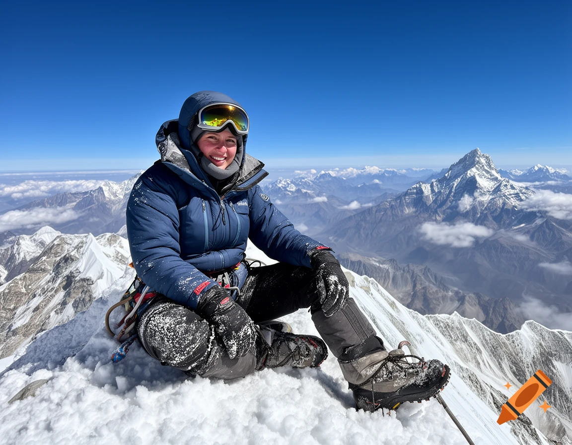 A smiling female mountaineer in winter gear sits on a snowy mountain peak with vast mountain ranges and a clear blue sky.