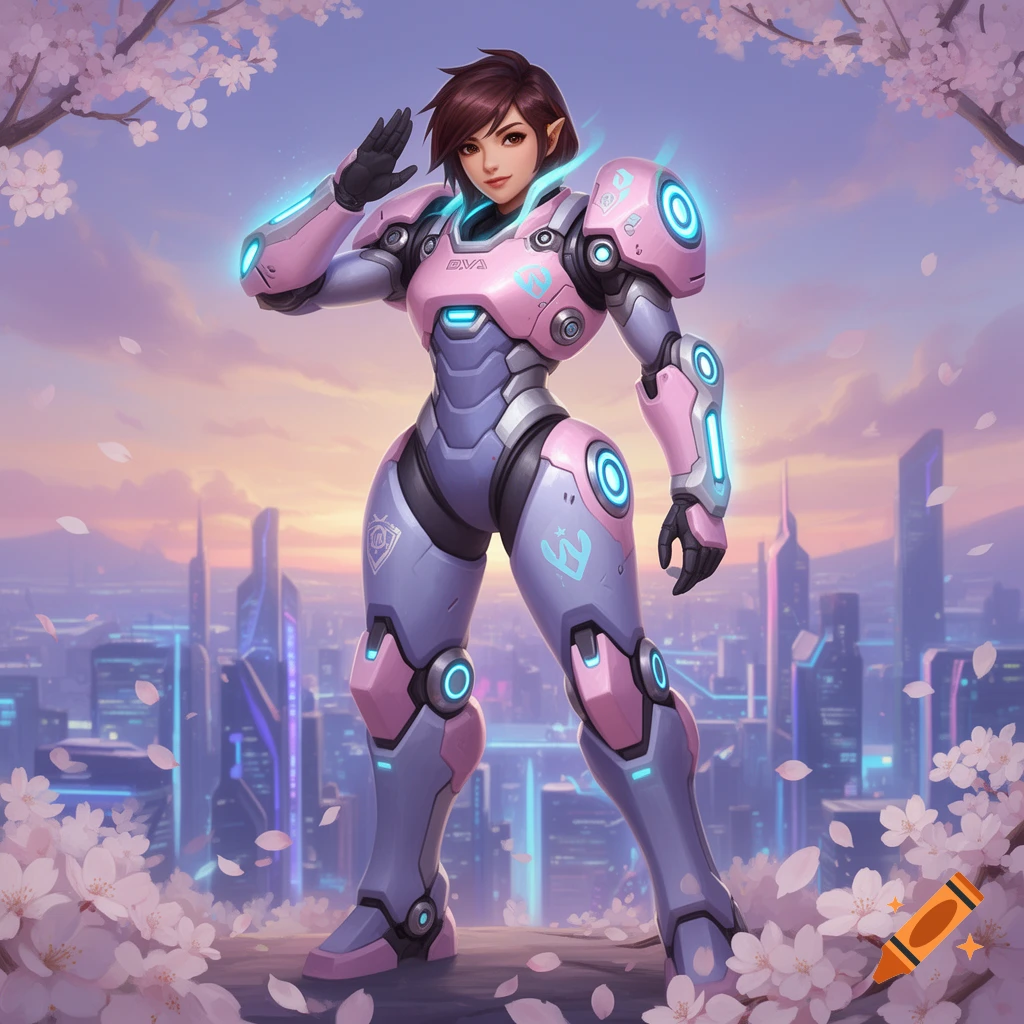 A stylized female character in pink and gray sci-fi armor, resembling D.Va from Overwatch, salutes against a futuristic city and cherry blossoms.