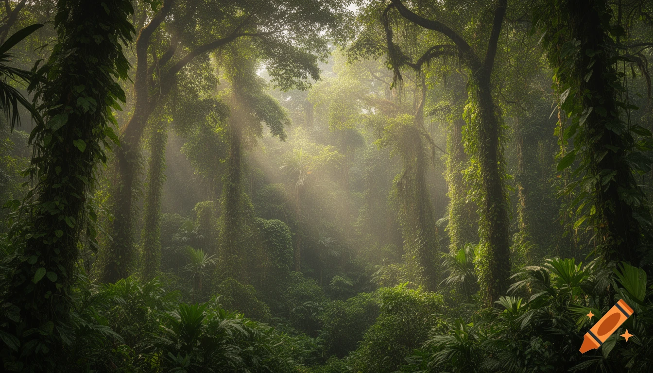 Sunlight filters through the misty canopy of a lush green rainforest, illuminating towering trees and dense foliage.