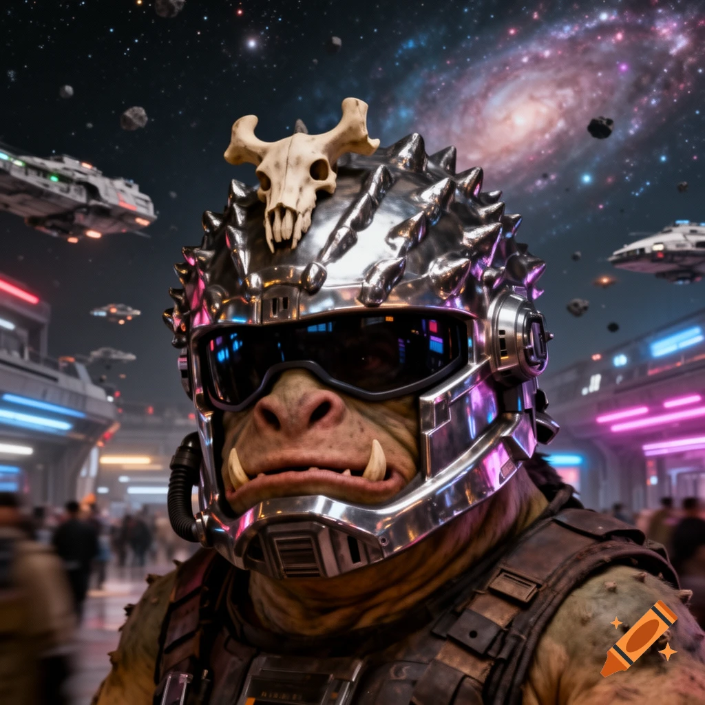 A green alien in a spiked chrome space helmet with sunglasses and a skull ornament, in a futuristic city with spaceships and a galaxy.