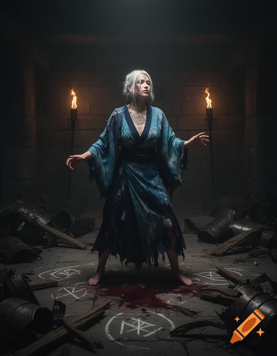 A white-haired woman in a tattered blue robe stands barefoot in a dark stone room with torches, blood, and ritualistic symbols on the floor.