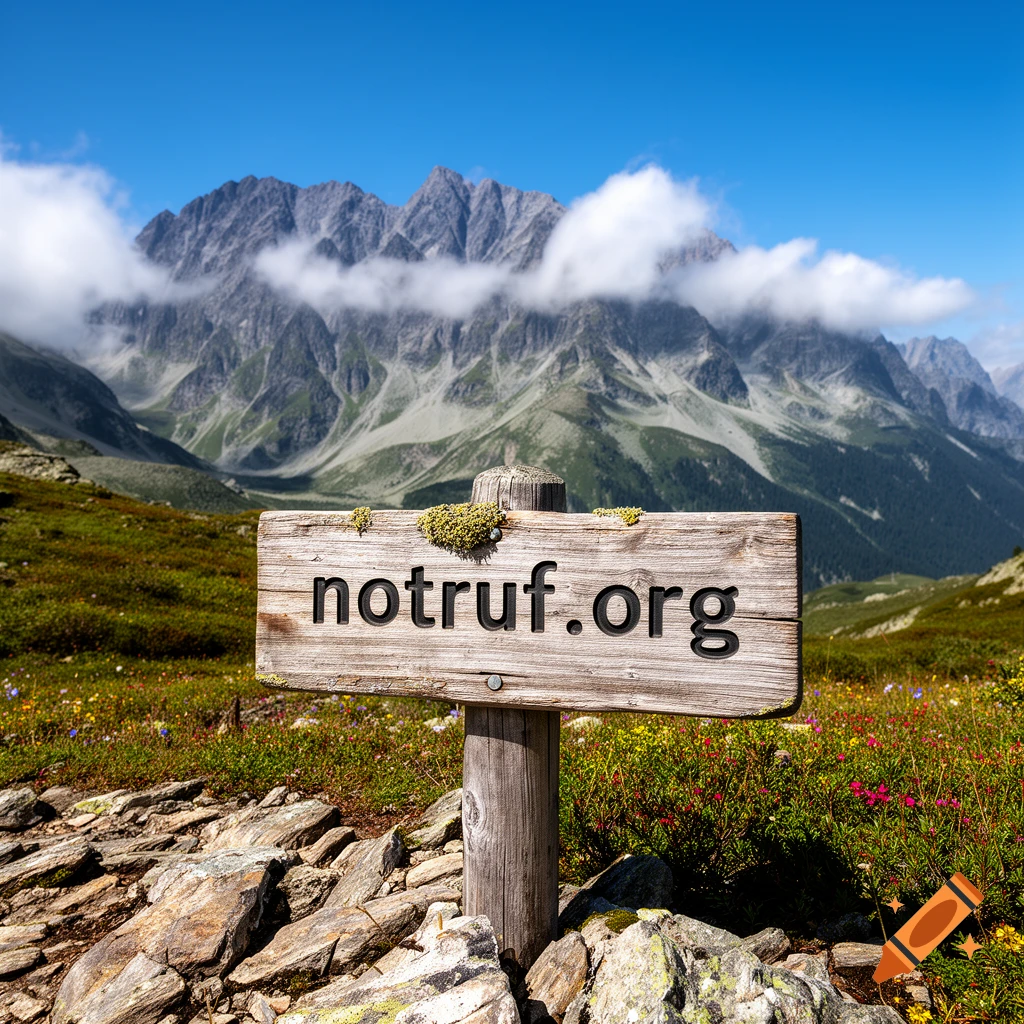 A wooden sign displaying 'notruf.org' stands in a lush mountain meadow with rocky ground and towering peaks under a clear blue sky.