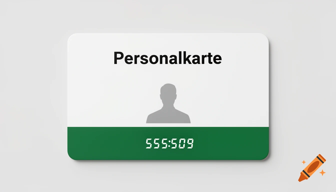 A minimalist white and green card with "Personalkarte" at the top, a person's silhouette in the middle, and "555:509" in digital font at the bottom on the green strip.