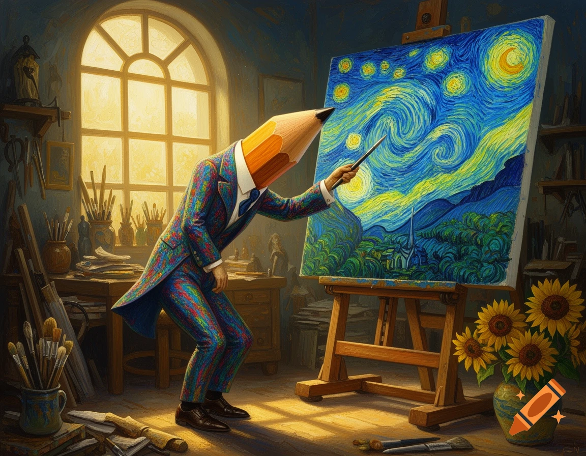 A surreal pencil-headed artist paints a Van Gogh-style 'Starry Night' in an impressionistic art studio.