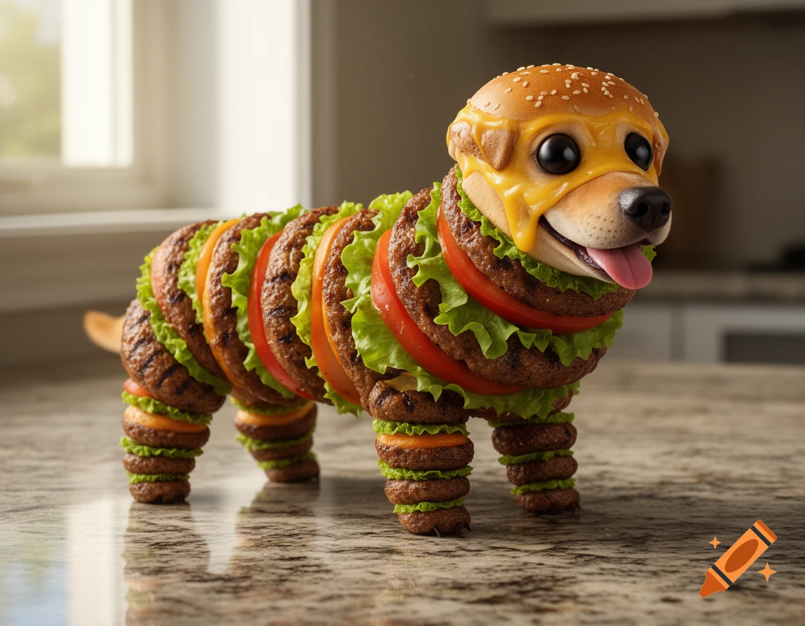 Photorealistic dog with a bun head and body made of stacked burger patties, lettuce, tomatoes, and cheese, on a kitchen counter.
