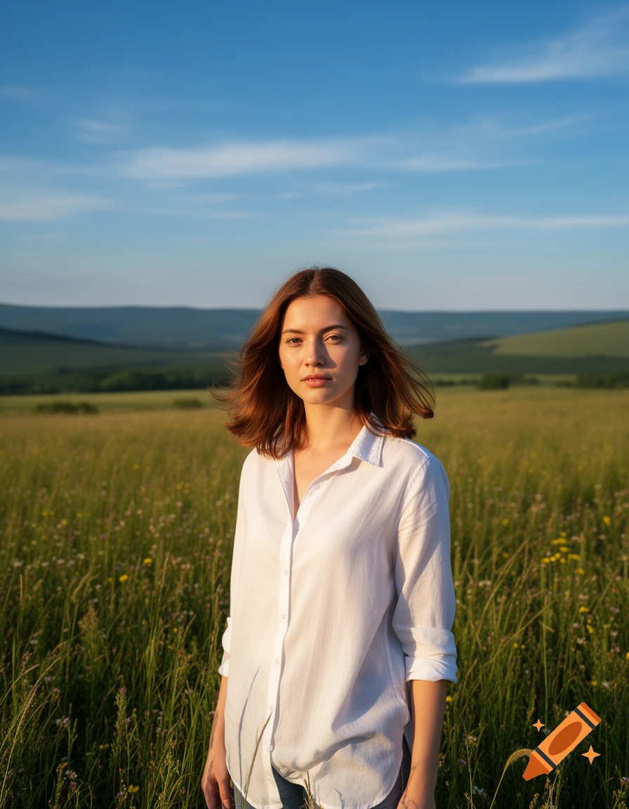 A young woman in a white shirt stands in a sunny grassy field with distant hills under a blue sky, photorealistic.