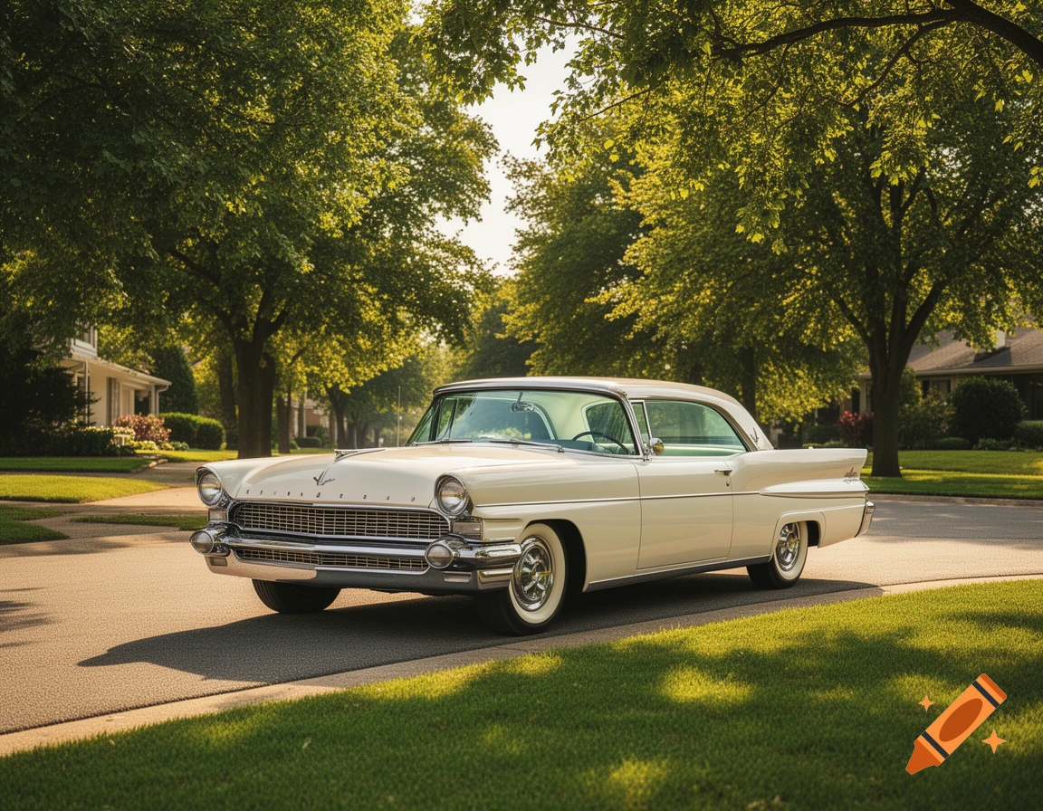 A photorealistic image of a vintage white 1957 Lincoln Premiere car parked on a sunny suburban street lined with green trees.