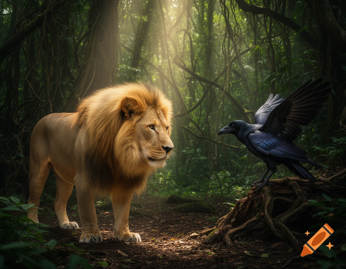 A majestic lion stands on a jungle path, facing a raven perched on tree roots, with sunbeams filtering through dense foliage.