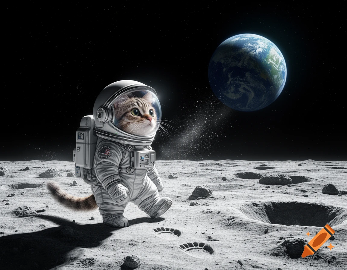 A cute tabby cat in a detailed astronaut suit walks on the moon, with Earth visible in the dark sky, digital art style.