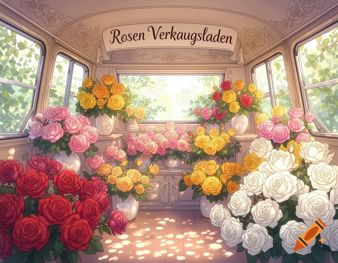A whimsical rose shop inside a camper van, filled with colorful bouquets of red, pink, yellow, and white roses, with sunlight streaming through the windows.