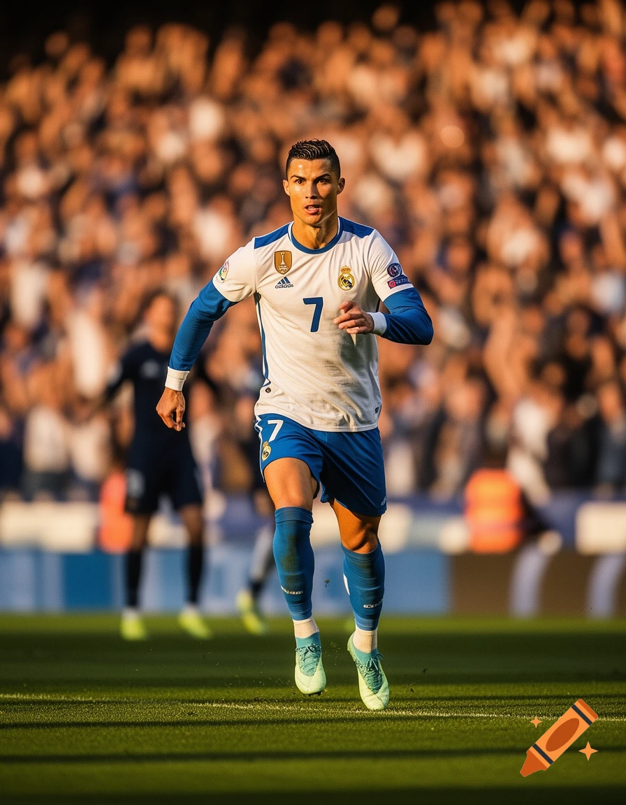 Photorealistic image of Cristiano Ronaldo in a white and blue Real Madrid jersey, number 7, on a sunny soccer field with blurred stadium crowds.